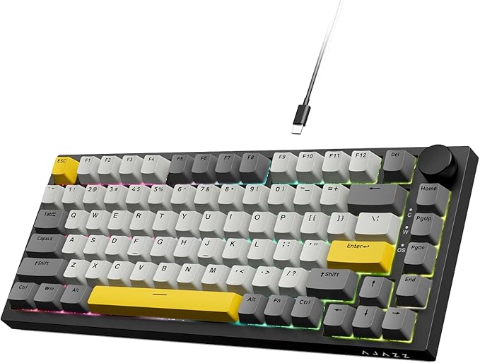 ATTACK SHARK Ajazz Hot Swappable Mechanical Keyboard 75% PercentTLK Custom Wired Keyboard Gaming with Rotary KnobRGB BacklitGasketNKROPBT Keycaps for Win/MacMoon Yellow Linear Switch