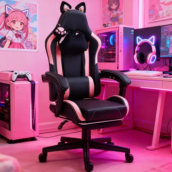 Pink Gaming Chair with Cute Cat Ears Comfy Ergonomic Computer Chair with Footrest and Headrest Video Game Chairs for Girls Adult Teen Height Adjustable Lumbar Support (Pink Black)