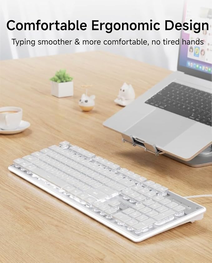EWEADN GX710S Backlit Computer Keyboards Wired USB Keyboard with White Backlit Metal Panel Plug and Play Pudding Keycaps Full Size Quite Computer Keyboard for Win/PC/Laptop-White