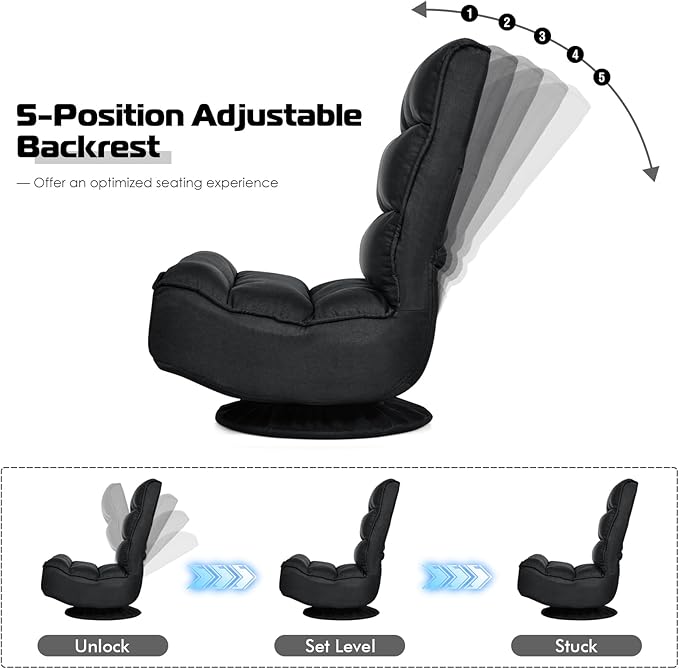 COSTWAY Folding Floor Chair Adjustable 5-Position Video Gaming Chair with 360 Degree Swivel Detachable Cover Padded Backrest Multipurpose Living Room Floor Lounger for TV Reading Playing (Black)