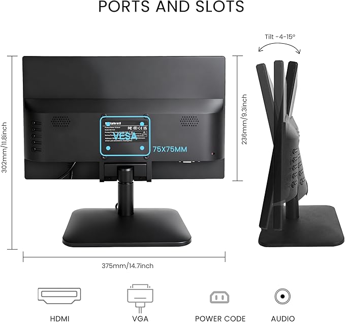 15 inch 1920x1080 Touchscreen Monitor 10-Point Multi Touch Screen with HDMI VGA 60Hz 16:9 Aspect Ratio VESA Secondary Monitor for PC Computer Windows Ras Pi
