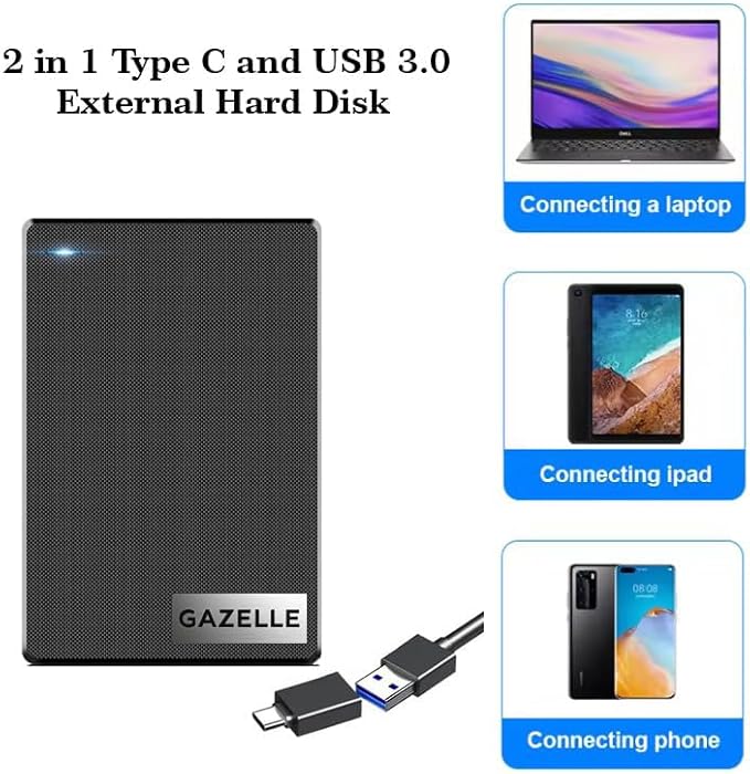 GAZELLE High-Speed 1TB Ultra Slim Portable External Hard Drive - 2-in-1 Type C &amp USB 3.0 Compatible with PC Mac Laptop PS4 Xbox iPad Tablet Mobile (Black) - 1 Year Warranty