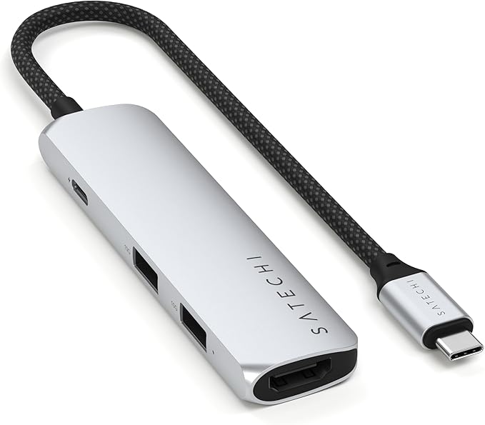 Satechi 4 in 1 USB C Hub Multiport Adapter with HDMI 4K@60Hz 100W PD Charging 2X USB-A Data Ports for MacBook Air/Pro M5/M4 iPad Windows – Silver