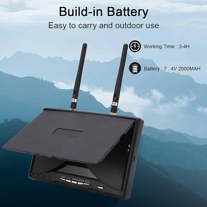 5.8Ghz FPV Receiver Monitor 7 Inch Dual Diversity Receiver with 40 Channels Auto-Scan 800x480 Resolution 600cd/m² Brightness LCD Screen for FPV Drone Racing and Outdoor Monitoring