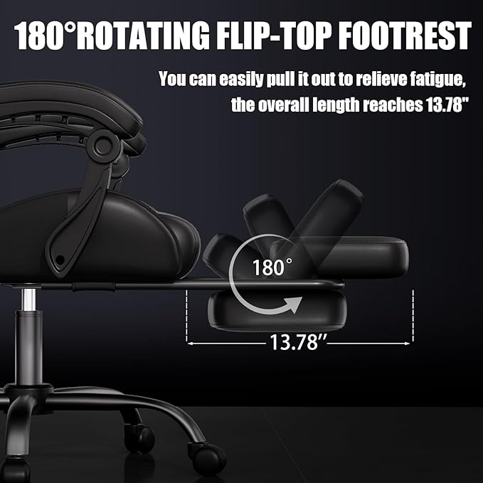 Gaming Chair Ergonomic Office Computer Chair with Footrest and Lumbar Support Massager Racing Style High Back Video Gamer Chair Wide＆Thick Cushion 90°-135° Recline Adjustable Height Black