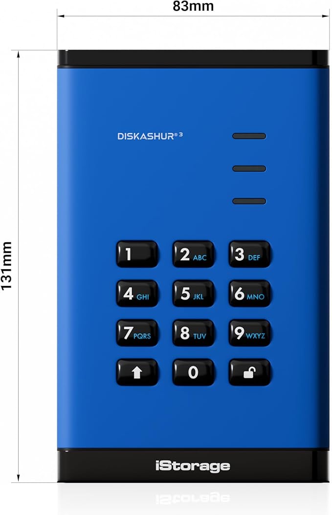 iStorage diskAshur3 HDD 500GB Blue - Secure Portable Hard Drive - Password Protected - Dust &amp Water Resistant - Hardware Encryption