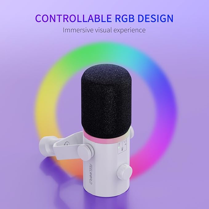 FEELWORLD PM1 XLR USB Dynamic Microphone Gifts for Podcast Recording PC Computer Gaming Live Streaming Vocal Voice-Over Studio Metal Mic with RGB Light Mute Button Headphones Jack (White)