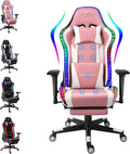 XOOFMASS LED Gaming Chair with Speakers High Back Office Chair with Full Massage Gamer Chair with Retractable Footrest and Lumbar Support PC Reclining Chair Swivel Computer ChairPink