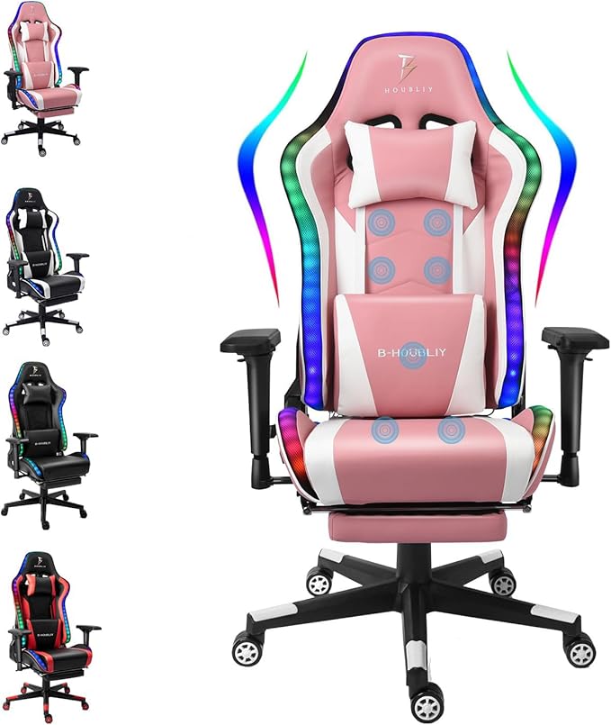 XOOFMASS LED Gaming Chair with Speakers High Back Office Chair with Full Massage Gamer Chair with Retractable Footrest and Lumbar Support PC Reclining Chair Swivel Computer ChairPink