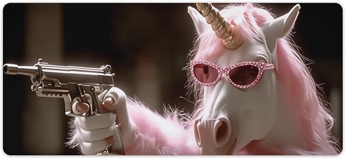 Pink Fur Glasses Unicorn Gun Gaming Mouse Pad Non-Slip Rubber Base 3XL Mousepad with Stitched EdgesWaterproof Washable Mouse Mat for Desk Home Office Gaming 35.5x16