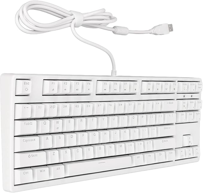 Mechanical Gaming Keyboard 87 Key Wired Stepped Ergonomic Design Keyboard White Light Compact PC Keyboardwith Blue Switches (White)