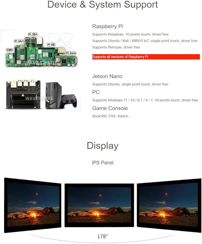 waveshare 13.3inch Capacitive Touch Screen LCD Compatible with Raspberry Pi 4B/3B+/3A+/2B/B+/A+/Zero/Zero W/WH/Zero 2W CM3+/4 1920×1080 Resolution HDMI IPS Supports Jetson Nano/Windows