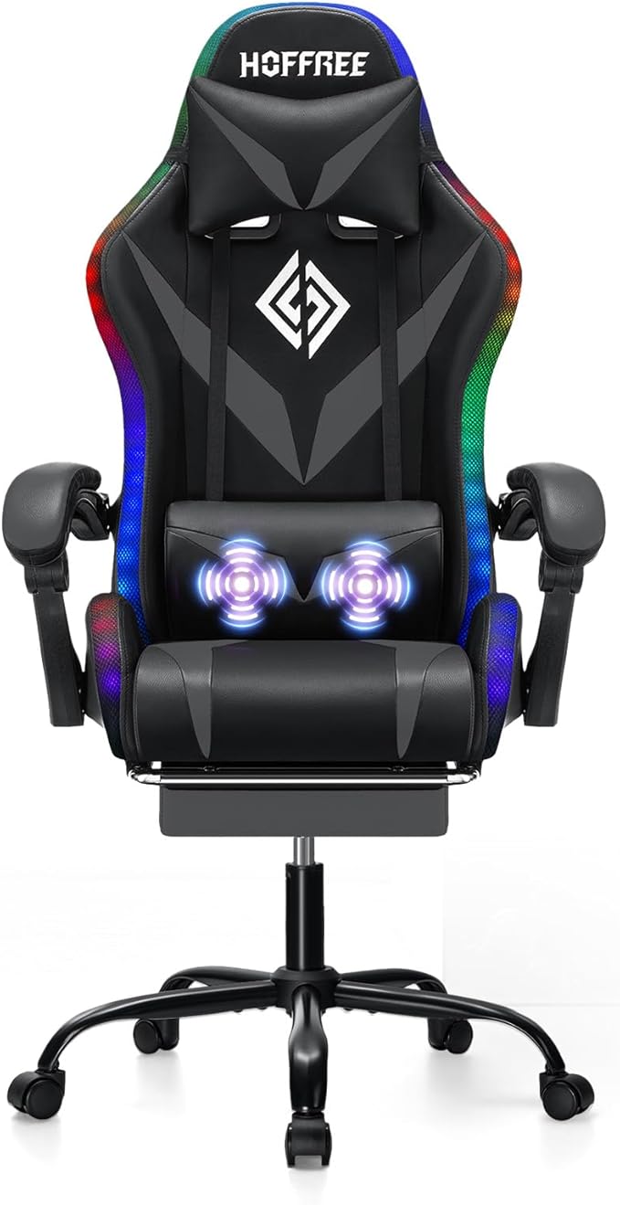 Gaming Chair Massage with LED RGB Lights and Footrest Ergonomic Computer Chair High Back Video Game Chair with Adjustable Lumbar Support Linkage Armrest Grey and Black