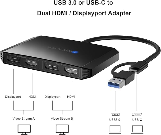 WAVLINK USB C and USB 3.0 to Dual 4K DisplayPort/HDMI Adapter Displaylink Monitor Splitter Extended Display for Dual Monitor 4K@60Hz HDMI/DP Splitter Compatible with Mac M1-M4Window Laptop-Black