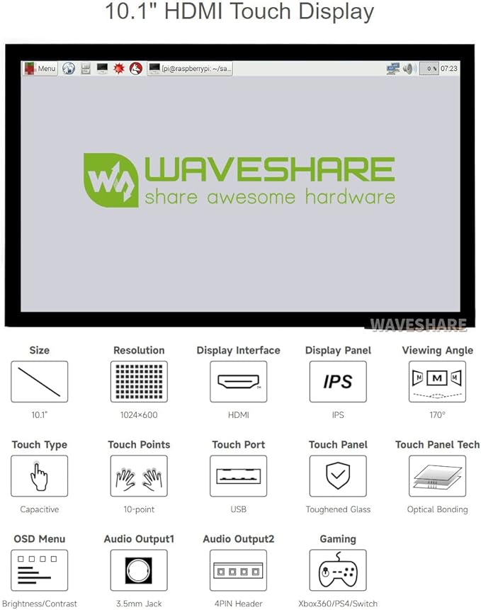 waveshare 10.1inch Capacitive Touch Screen LCD (E) 1024×600 HDMI IPS Optical Bonding Display Compatible with Raspberry Pi 5/4B/3B+/3A+/3B/2B/1B+/1A+/Zero 2 W/Zero W Jetson Nano and PC Game Console
