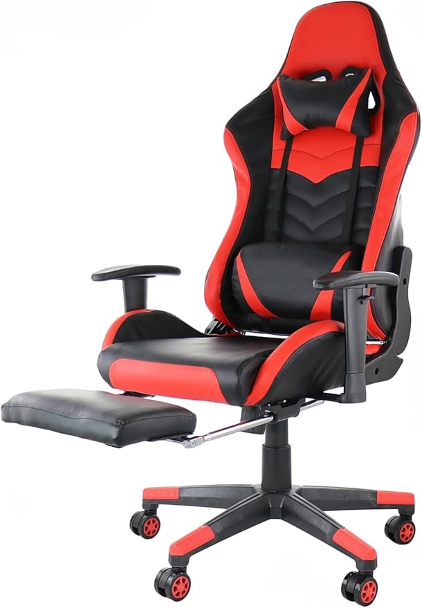 Ergonomic Gaming Chair with Footrest Adjustable Reclining Gamer Chair with Lumbar and Head Pillow Support Swivel Office Gaming Chair with Pleather Upholstery High-Back Chair (Red)