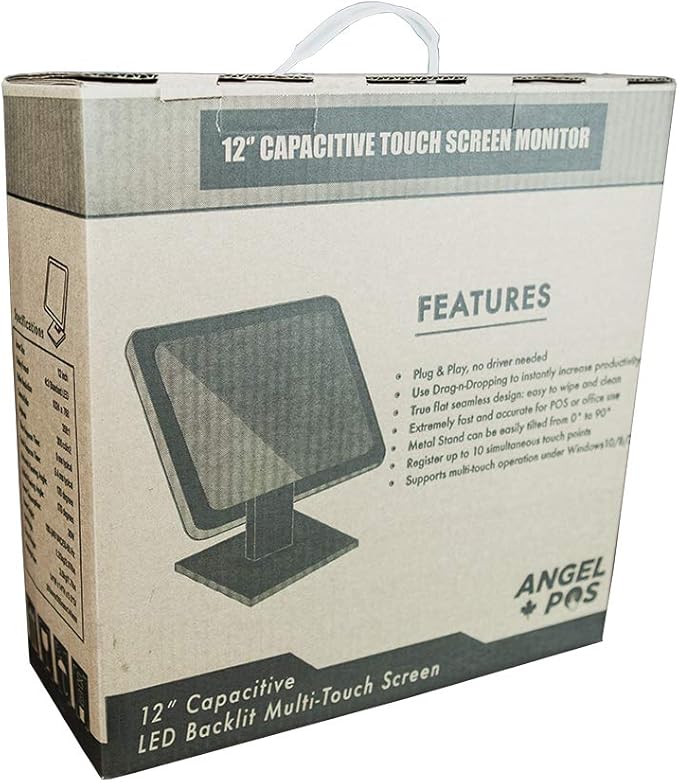 12-Inch Capacitive Multi-Touch POS TFT LED Touchscreen Monitor True Flat Seamless Design with Adjustable POS Stand for Retail Restaurant HDMI &amp VGA Inputs High Resolution 1024 x 768