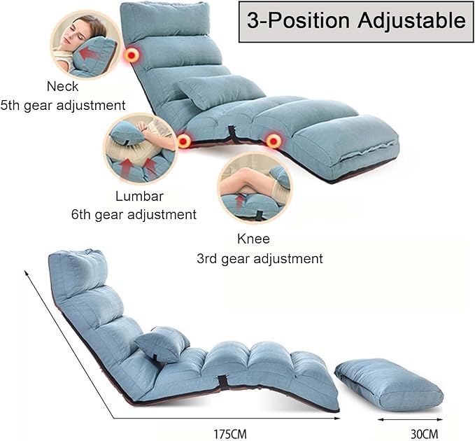Floor Chairs with Pillow for AdultsFloor Gaming Chair with 3 Position Adjustable Head、Back and Knee SupportNo Assembly Folding Lazy Sofa Chair for GamingSleepingReading (Blue)