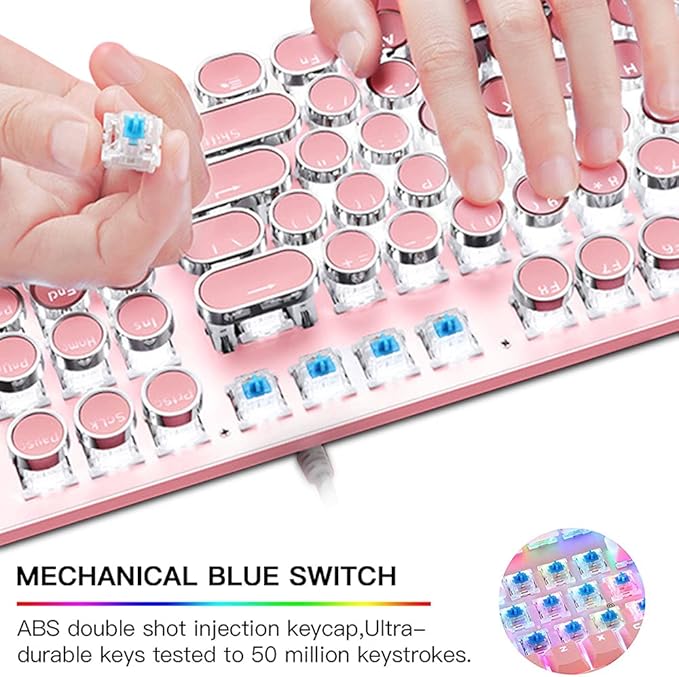 Pink Typewriter Keyboard and MouseRetro Vintage Mechanical Gaming Keyboard with White LED Backlit104 Keys Anti-Ghosting Blue Switch Wired Cute KeyboardRound Keycaps for Desktop PC/Laptop Mac