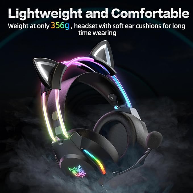 Gaming Headset with Microphone Cat Ear Headphones for PC Laptop PS4 PS5 Xbox Switch Rainbow RGB Lighting &amp Virtual Surround Sound 3.5mm Wired Over Ear Headphones Ergonomic