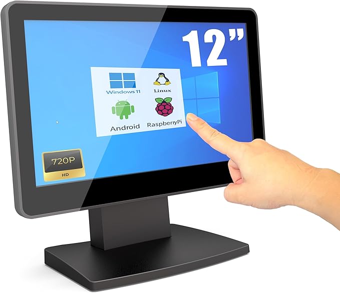 ANGEL POS 12” Touch Screen Monitor 1366×768 HD POS Display with HDMI &amp VGA Splash-Resistant Front Adjustable Metal Stand Ideal for Customer Display Checkout Counter or POS Terminal