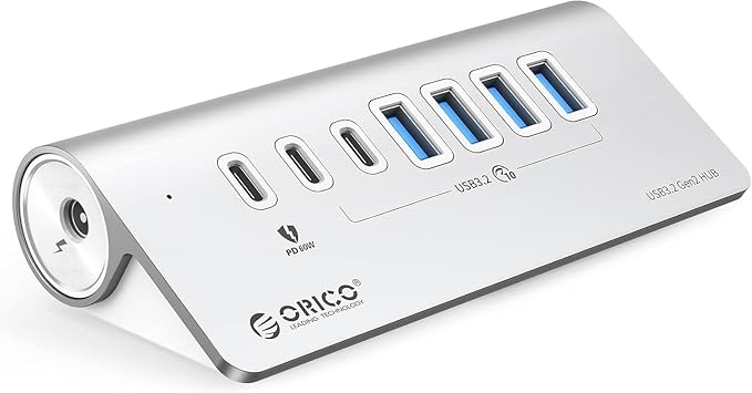 ORICO 7 Port USB Hub 10Gbps Aluminum USB 3.2 Gen 2 Hub 6 USB 3.2 Data Ports 1 PD 60W Ports 24V 3A Power Adapter 3.28Ft A to C Cable USB Data Hub for Laptop