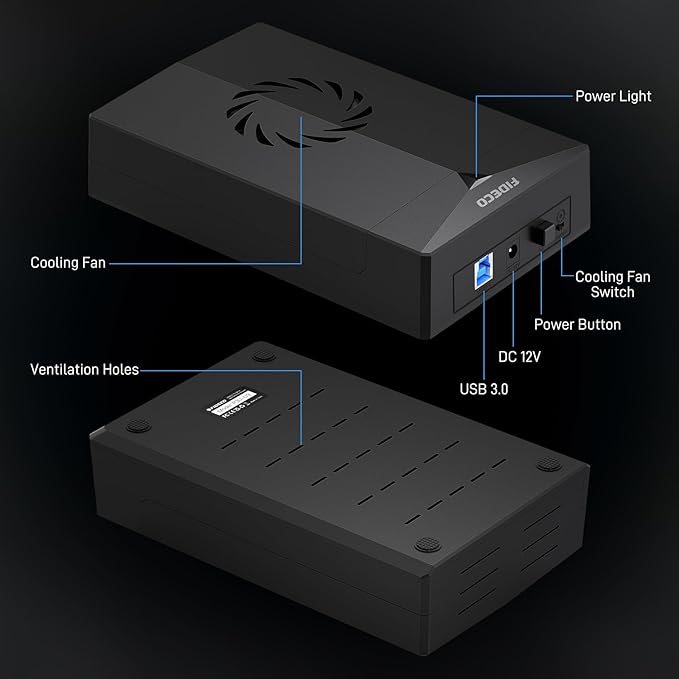 FIDECO Hard Drive Enclosure for 3.5 or 2.5 inch SATA HDD SSD SATA to USB Adapter with Cooling Fan External HDD Enclosure with 12V Power Adapter Support UASP Tool-Free Plug and Play