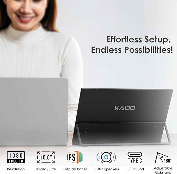 Kado Portable Monitor 15.6'' FHD 1080p VESA/Clamp Tripod Stand Set Ultra-Slim Laptop Monitor 1920x1080 with Built-in Speakers IPS Display for PC Mac Phone Xbox PS5 USB-C &amp HDMI Connectivity