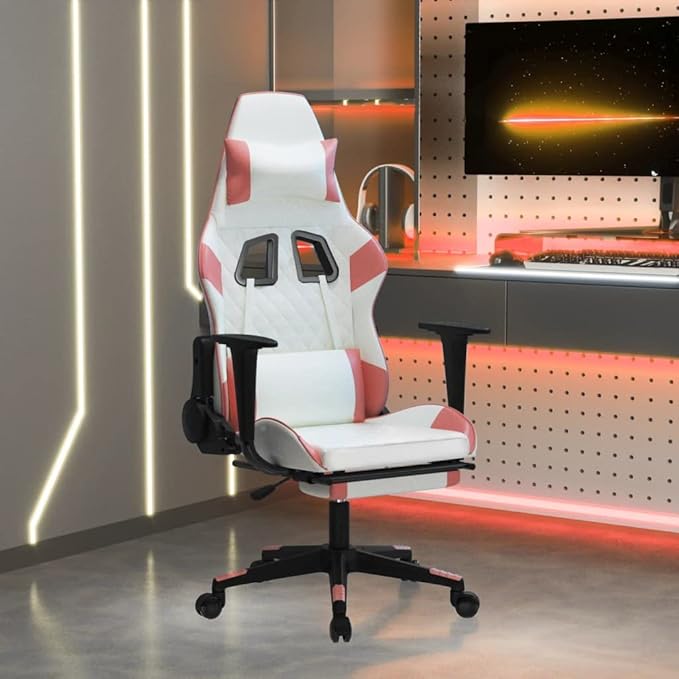 Massage Gaming Chair with Footrest and Lumbar Support Computer Chair Height Adjustable Game Chair with 360°-Swivel Seat and Headrest White&ampPink Faux Leather