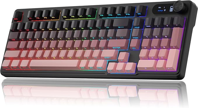 BlueFinger Wireless Gaming Keyboard RGB Backlit Tri-Mode Bluetooth/2.4G/USB-C 98 Keys Quiet Keyboard with Number Pad Volume Knob &amp Screen Side Printed PBT Keycaps for PC/Mac/Laptop