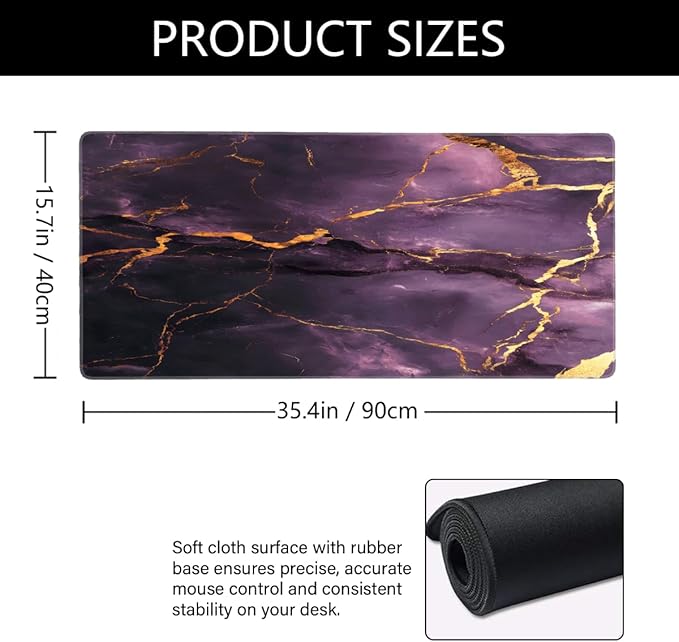 Large Pretty Purple Marble Mouse Mat Computer Mousepad with Non-Slip Rubber Base Waterproof Mouse Pad Desktop Keyboard Pad for GamerHome School Laptop Office Accessories16x35.5in