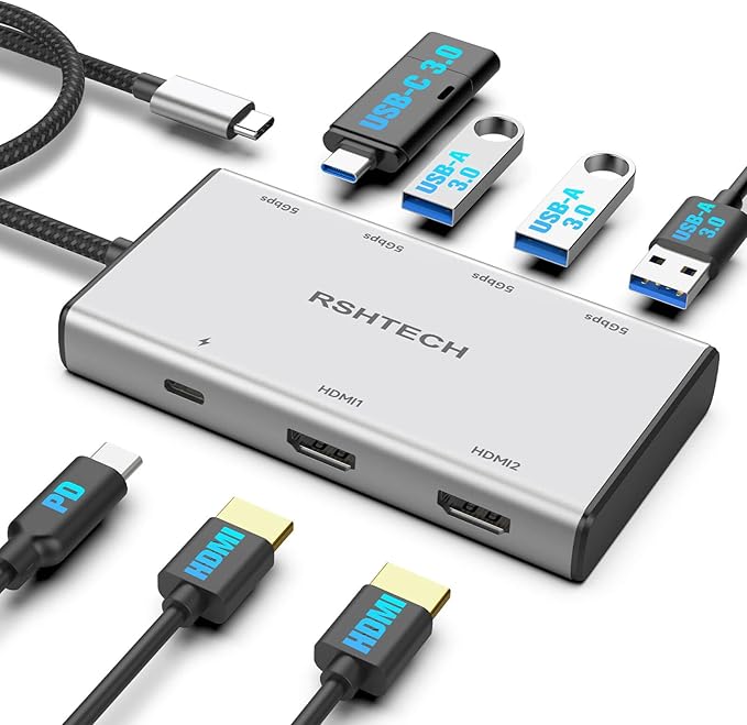 RSHTECH 7-in-1 USB C Hub Multiport Adapter with 2x4K@60Hz HDMI USB-3.0 Data Ports(3A+1C) 100W PD Aluminum USB-C Docking Station Dual Monitor for Laptops and MacBook