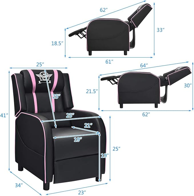 DORTALA Massage Gaming Chair for Adults Adjustable Recliner Sofa w/Footrest and Massage Function Adjustable Living Room Recliner Home Theater Seating PU Leather 330LBS Weight Capacity Pink