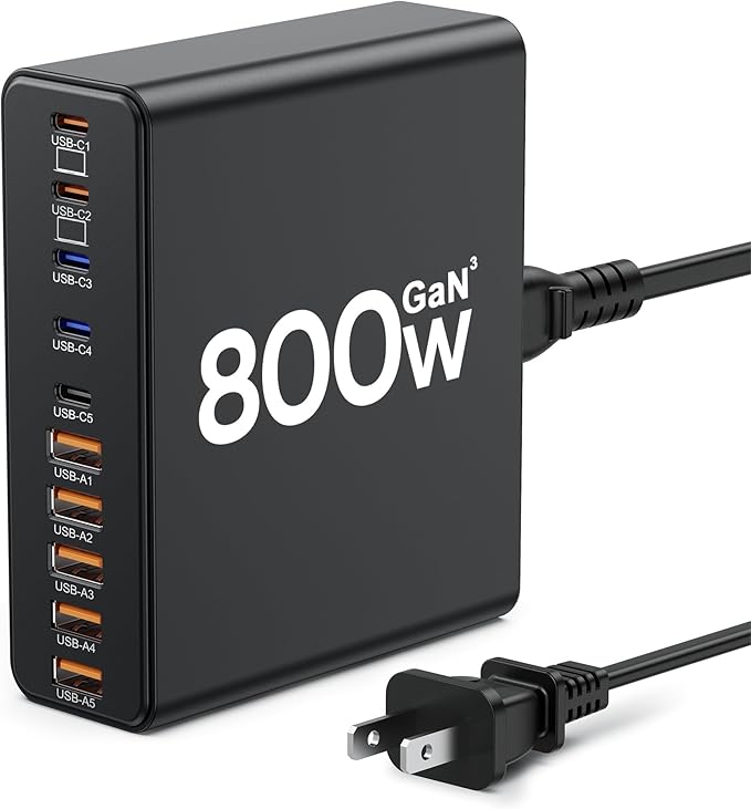 800W USB C Charger Block10-Port Charging Station GaN Fast Charging Type C &amp USB A Wall Charger Adapter for MacBook Pro/AiriPhoneiPadDell XPSSamsung Galaxy (Bright Black)
