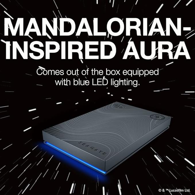 Seagate Beskar Ingot Special Edition FireCuda 2TB Officially-Licensed External Hard Drive HDD - 2.5 Inch USB 3.2 Gen 1 customizable LED RGB lighting with Rescue Services (STKL2000403)