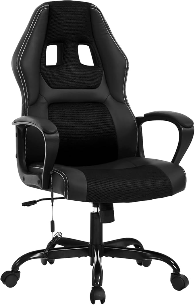 High-Back Racing Gaming Chair with Massage Lumbar Support - Ergonomic Adjustable Swivel - Black PU Leather - Perfect for Home Office or Gaming (Black)