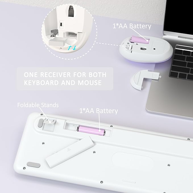 Colorful Wireless Keyboard and Mouse Combo COVEVA 2.4GHz Wireless Retro Cute Round Keycaps Keyboard 104 Keys Full-Sized Keyboard Mouse Set with Switch Button for PC Laptop Desktop (White Colorful)