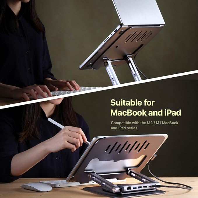 ADAM elements Hub Stand Pro 6-in-1 USB-C Laptop Docking Station Foldable Laptop Stand with 4K HDMI 100W PD &amp USB 3.0 for MacBook Pro/Air M4-M1 iPad &amp USB-C Laptops