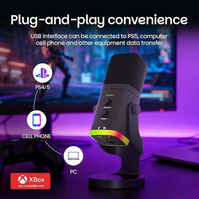 USB/XLR Desktop Dynamic Microphone with RGB Light Noise Reduction &amp Mute Button for Podcast Recording PC Computer Gaming Streaming Mic with RGB Light Mute Button Headphones Jack (Black)