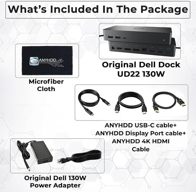UD22 Dell Docking Station Dual Monitor Bundle - USB-C/USB-A Universal Dell Dock for Laptops Comes with 130W Adapter + Anyhdd HDMI DisplayPort USB-C Cables &amp Cloth - Supports Dual/Triple/4 Monito