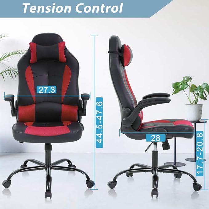 Red Gaming Chair Ergonomic High Back Executive Office Chair with Flip-Up Arms Adjustable Height PU Leather 300 lbs Weight Capacity