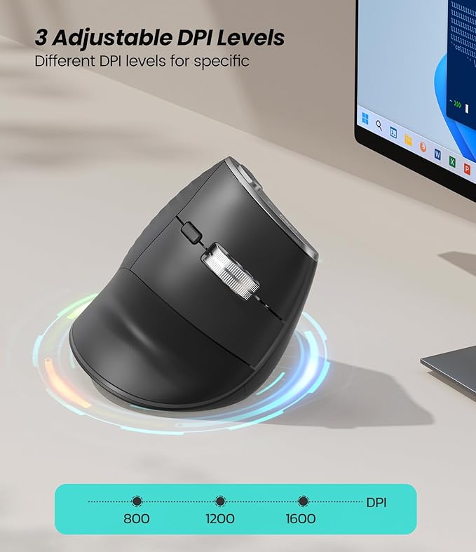 Nulea M510 Vertical Mouse Wireless Ergonomic Mouse for Comfy Tracking 3 Adjustable DPI (800-1200-1600) 2.4G Wireless Vertical Mouse with 6 Buttons Compatible with Windows Mac OS Laptop PC Grey