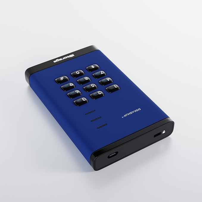 iStorage diskAshur3 HDD 500GB Blue - Secure Portable Hard Drive - Password Protected - Dust &amp Water Resistant - Hardware Encryption