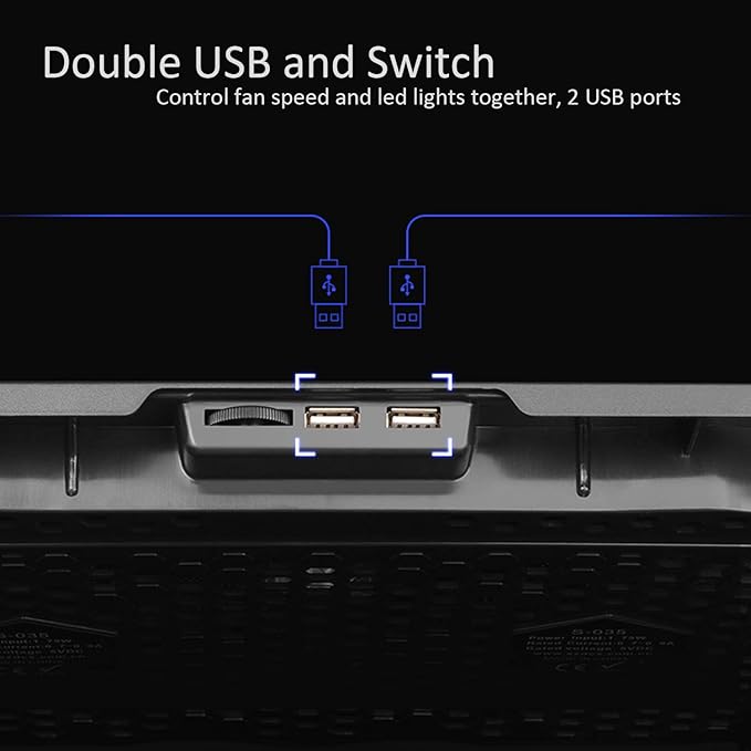 AICHESON S035 5 Fans Blue Light Laptop Cooling Pad and 2 Pack Type A Male to Type A Male Cable Combination Set