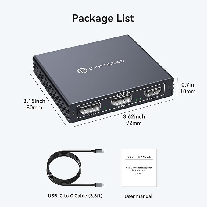 USB C to HDMI + Displayport Splitter 3 Monitors with 100W PD Charging Thunderbolt to HDMI DP Splitter 1 in 3 Out Multiple Monitors Extended Display Hub for Converter Compatible with Laptop PC