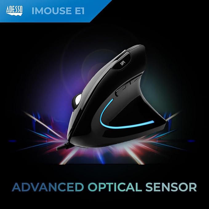 Adesso Wired Vertical Ergonomic Illuminated Optical 6-Button USB Mouse - Right Hand Orientation Black