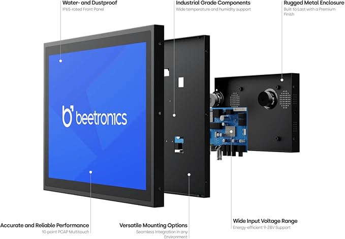 Beetronics 12 Inch Touchscreen Monitor | Full HD 1080p | 12TSV7M – Industrial-Grade Professional 10-Point Multi Touch Display for PC Mac Linux – HDMI DisplayPort USB-C VGA Inputs