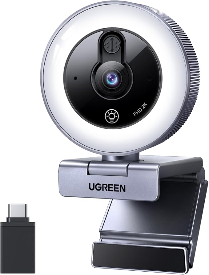 UGREEN 2K Webcam with 4-Level Ring Light Full HD Webcam for PC with Microphone Privacy Cover USB Web Camera Compatible with Switch 2 Streaming Conference Zoom Teams Computer/Laptop/MacBook