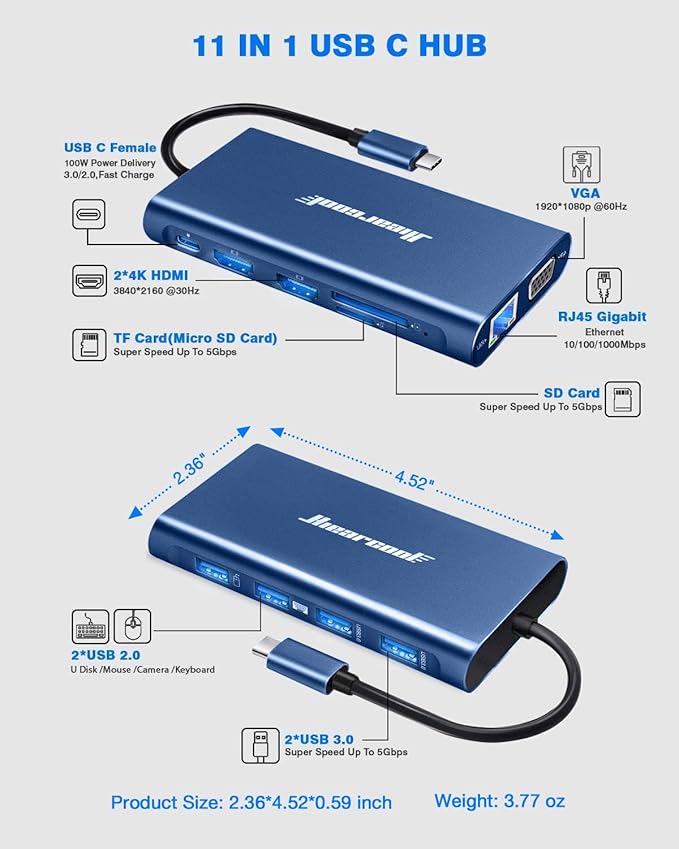 Hiearcool USB C Docking Station Dual Monitor 11 in 1 Triple Display USB C Laptop Docking Station with 2 HDMI VGA Type C Dongle Dock Compatible for Thunderbolt 3 4 Laptops