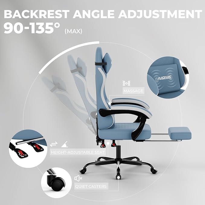 Gaming Chair with MassageErgonomic PC Gaming Chair Computer Chairs with Footrest Comfortable Headrest and Lumbar Support High Back BLUENWHITE